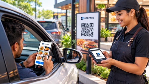 Restaurant mobile cashier taking payment beside a parked car