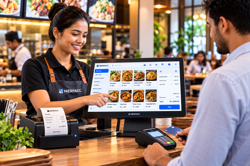 Restaurant cashier using a point of sale terminal