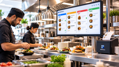 Kitchen staff checking orders on a kitchen display screen