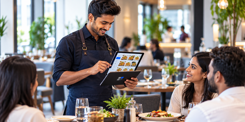 Restaurant steward taking a table order on a tablet